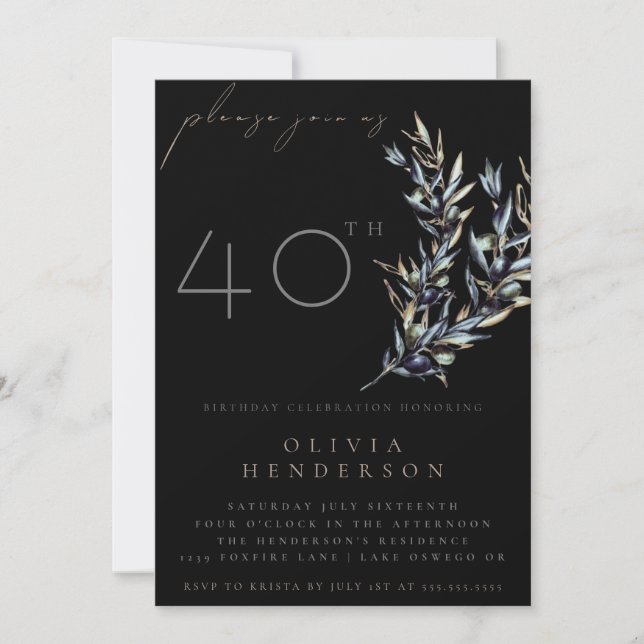 Black Watercolor Olive Branch Birthday Invitation (Front)