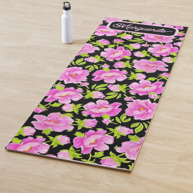Black Watercolor Peonies Floral Yoga Mat (In Situ)