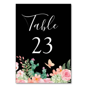 Black watercolor pink floral wildflowers Wedding Table Number