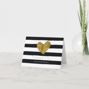 Black Watercolor Stripes Gold Heart Thank you Card