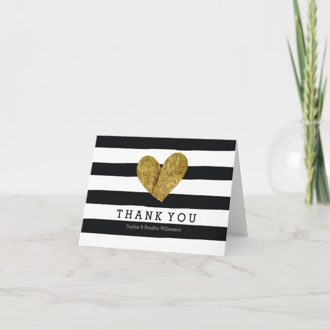 Black Watercolor Stripes Gold Heart Thank you Card (Front)