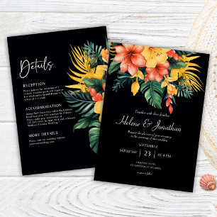 Black Watercolor Tropical All In One Wedding Invitation