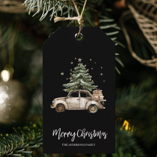Black Watercolor Vintage Car Christmas Tree  Gift Tags
