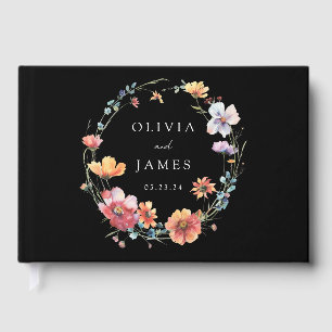 Black Watercolor Wildflower Floral Wedding Guest Book