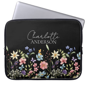 Black Watercolor Wildflower Name Monogram  Laptop Sleeve