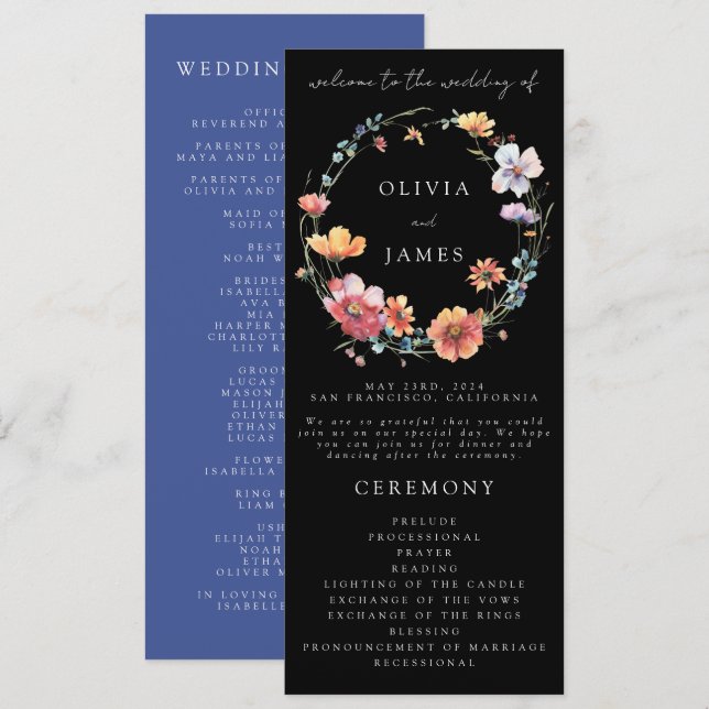 Black Watercolor Wildflower Wreath Wedding Programme (Front/Back)