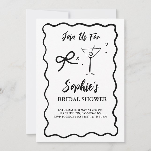 Black Wavy Retro Bridal Shower, Martini Bow Tie Invitation (Front)