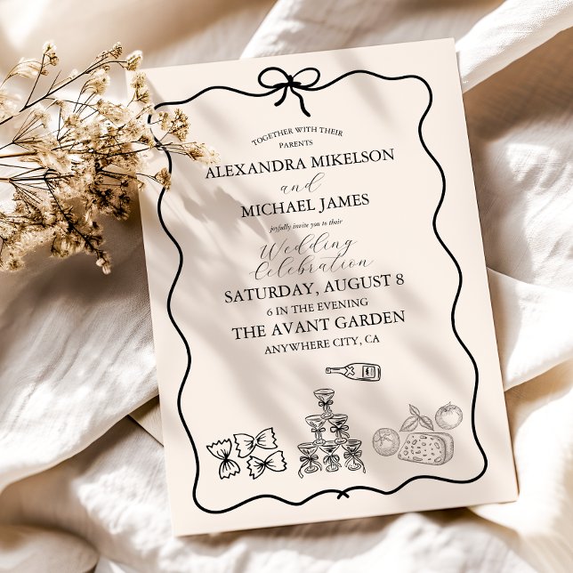Black Wavy Whimsical Italian Doodle Wedding Invitation (Creator Uploaded)