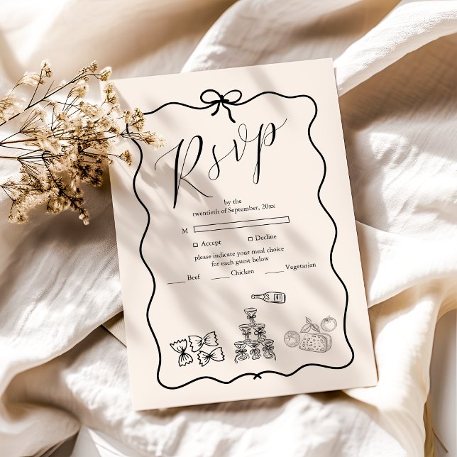 Black Wavy Whimsical Italian Doodle Wedding RSVP Card (Creator Uploaded)