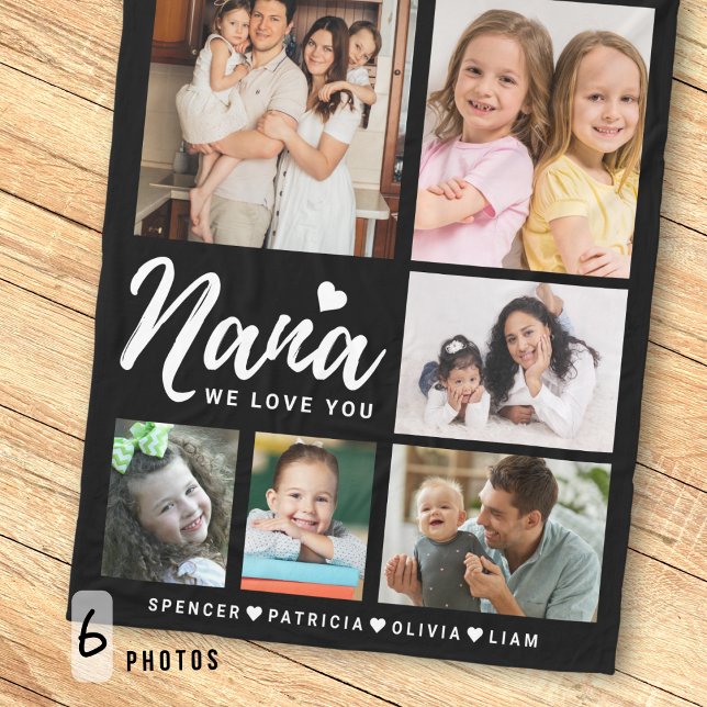 Black We Love You Nana Grandkids 6 Photo Collage Fleece Blanket (Creator Uploaded)
