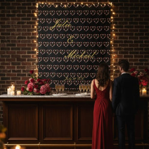 Black Wedding Backdrop with Pink and Red Hearts Tapestry