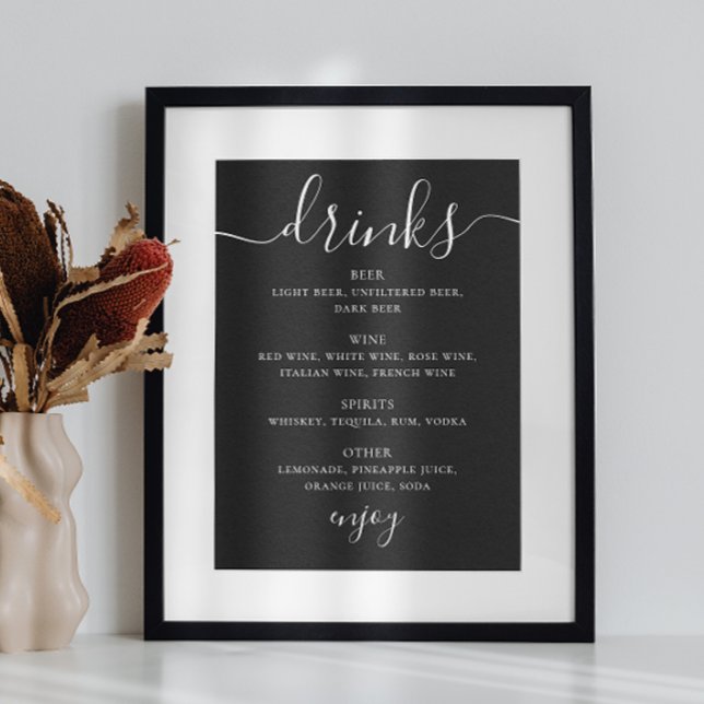 Black Wedding Bar Menu | Modern Script Drinks Poster (Creator Uploaded)