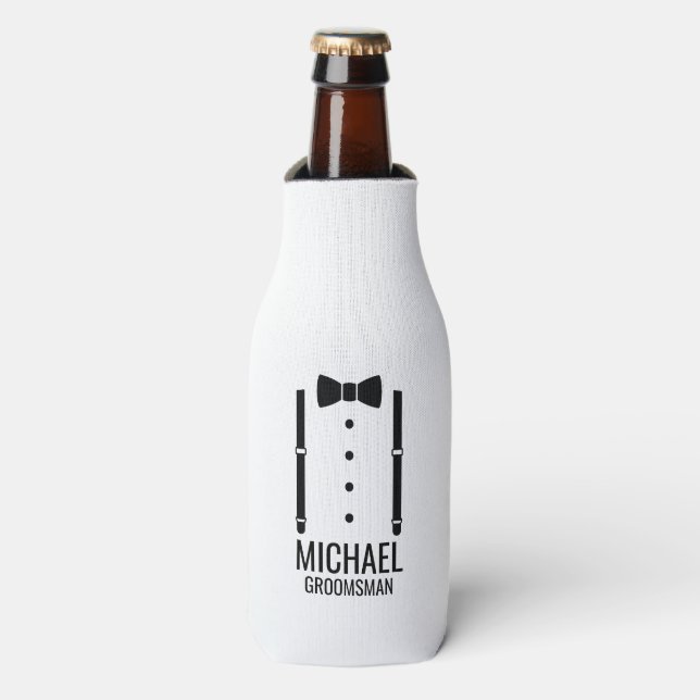 Black Wedding Bow Tie Personalised Groomsmen Bottle Cooler (Bottle Front)