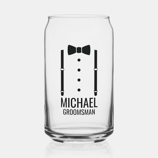 Black Wedding Bow Tie Personalised Groomsmen Can Glass (Front)