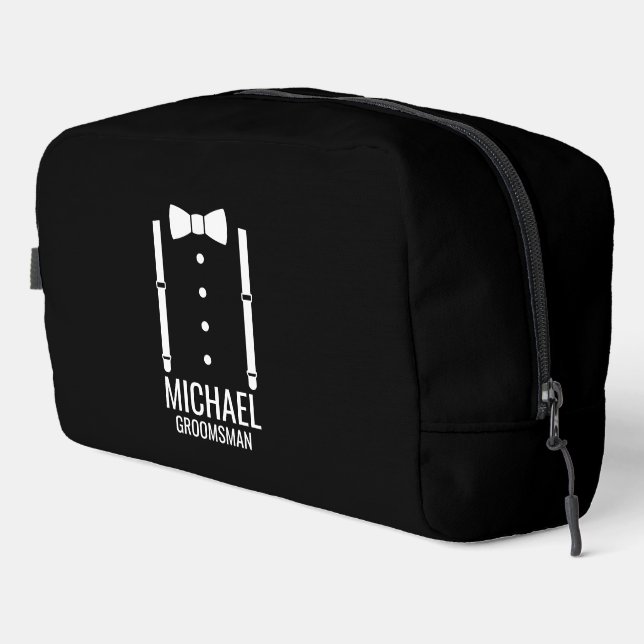 Black Wedding Bow Tie Personalised Groomsmen Dopp Kit (Right Corner)
