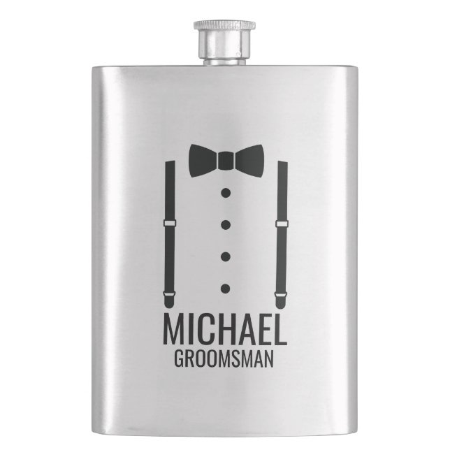 Black Wedding Bow Tie Personalised Groomsmen Hip Flask (Front)