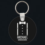 Black Wedding Bow Tie Personalised Groomsmen Key Ring<br><div class="desc">Make Your Wedding Unforgettable – Add a personal touch with a custom groomsmen gift
featuring a bow tie and suspenders illustration with a personalised groomsman's name and title in a bold sans serif font.

 A perfect keepsake for your groomsmen,  best man,  father of the bride,  and more!</div>