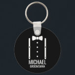 Black Wedding Bow Tie Personalised Groomsmen Key Ring<br><div class="desc">Make Your Wedding Unforgettable – Add a personal touch with a custom groomsmen gift
featuring a bow tie and suspenders illustration with a personalised groomsman's name and title in a bold sans serif font.

 A perfect keepsake for your groomsmen,  best man,  father of the bride,  and more!</div>