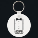Black Wedding Bow Tie Personalised Groomsmen Key Ring<br><div class="desc">Make Your Wedding Unforgettable – Add a personal touch with a custom groomsmen gift
featuring a bow tie and suspenders illustration with a personalised groomsman's name and title in a bold sans serif font.

 A perfect keepsake for your groomsmen,  best man,  father of the bride,  and more!</div>