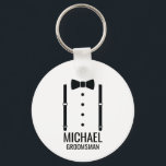 Black Wedding Bow Tie Personalised Groomsmen Key Ring<br><div class="desc">Make Your Wedding Unforgettable – Add a personal touch with a custom groomsmen gift
featuring a bow tie and suspenders illustration with a personalised groomsman's name and title in a bold sans serif font.

 A perfect keepsake for your groomsmen,  best man,  father of the bride,  and more!</div>