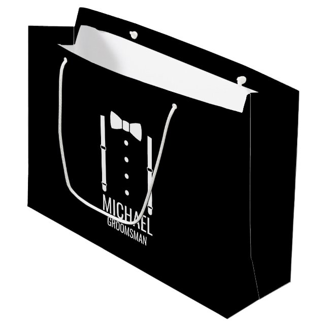 Black Wedding Bow Tie Personalised Groomsmen Large Gift Bag (Front Angled)
