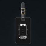 Black Wedding Bow Tie Personalised Groomsmen Luggage Tag<br><div class="desc">Make Your Wedding Unforgettable – Add a personal touch with a custom groomsmen gift
featuring a bow tie and suspenders illustration with a personalised groomsman's name and title in a bold sans serif font.

 A perfect keepsake for your groomsmen,  best man,  father of the bride,  and more!</div>