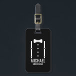 Black Wedding Bow Tie Personalised Groomsmen Luggage Tag<br><div class="desc">Make Your Wedding Unforgettable – Add a personal touch with a custom groomsmen gift
featuring a bow tie and suspenders illustration with a personalised groomsman's name and title in a bold sans serif font.

 A perfect keepsake for your groomsmen,  best man,  father of the bride,  and more!</div>