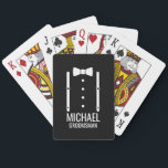 Black Wedding Bow Tie Personalised Groomsmen Playing Cards<br><div class="desc">Make Your Wedding Unforgettable – Add a personal touch with a custom groomsmen gift
featuring a bow tie and suspenders illustration with a personalised groomsman's name and title in a bold sans serif font.

 A perfect keepsake for your groomsmen,  best man,  father of the bride,  and more!</div>