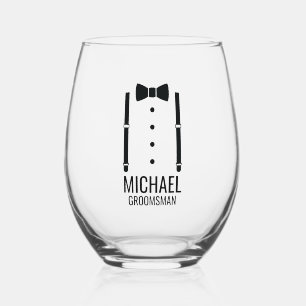 Black Wedding Bow Tie Personalised Groomsmen Stemless Wine Glass