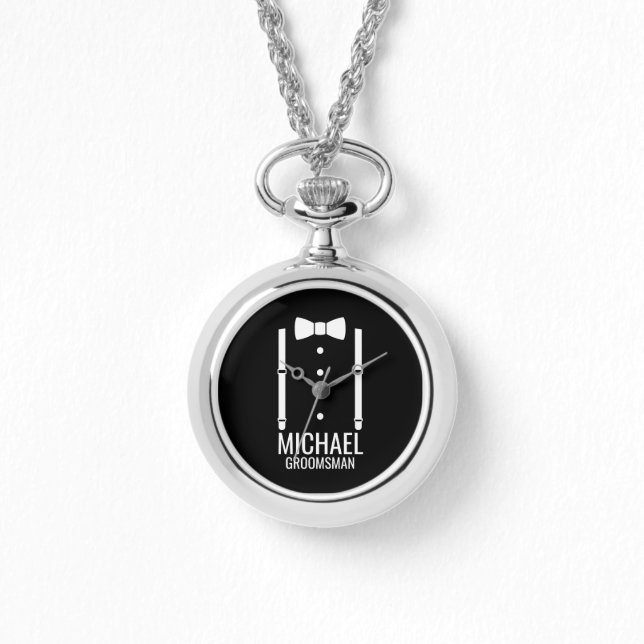 Black Wedding Bow Tie Personalised Groomsmen Watch (Front)