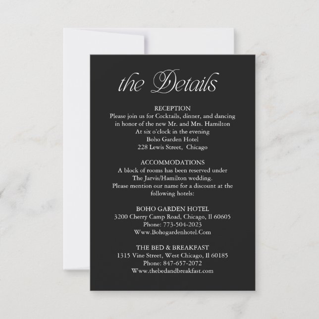 Black Wedding Details Information Insert Card (Front)