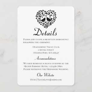 Black Wedding Details Lovebirds Floral Heart Enclosure Card