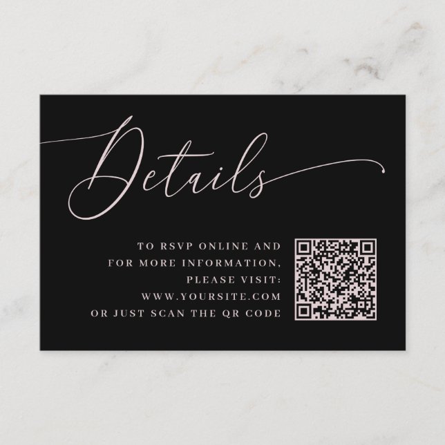 Black Wedding Details with Pink Script & QR Code Enclosure Card (Front)