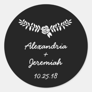 Black wedding favour round stickers floral vine