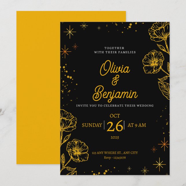 Black Wedding Invitation Announcement (Front/Back)
