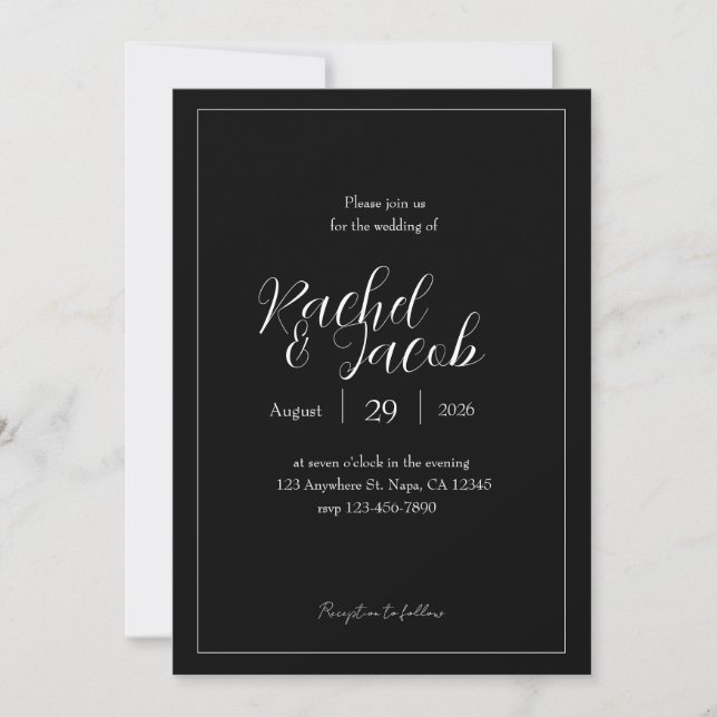 Black Wedding Invitation Customisable White Text (Front)