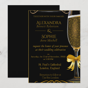 Black Wedding Invitation with Gold Champagne Glass