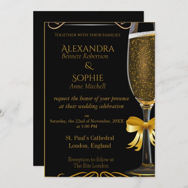 Black Wedding Invitation with Gold Champagne Glass (Front/Back)