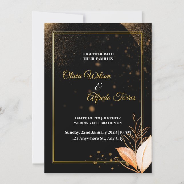 black wedding invitation with gold colours (Front)