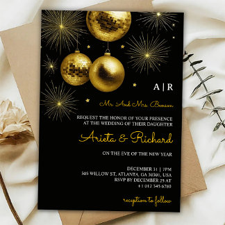 Black wedding invitation with gold text