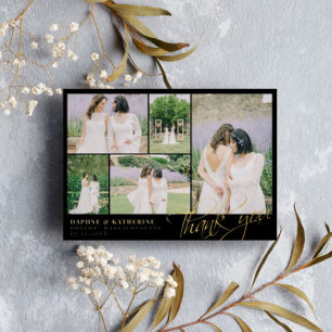 Black Wedding Photo Collage Gold Script Thank You