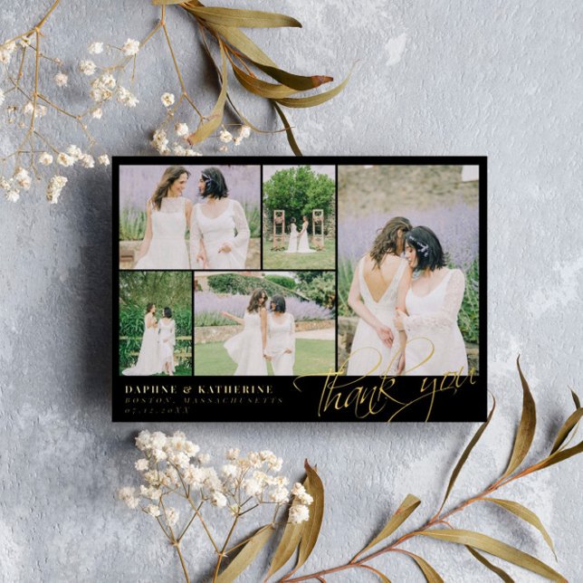 Black Wedding Photo Collage Gold Script Thank You (Creator Uploaded)