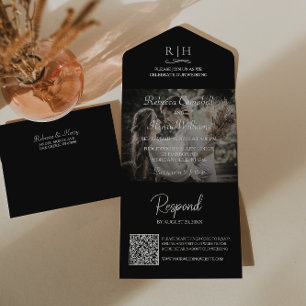 Black Wedding Photo   Monogram QR Code All In One Invitation