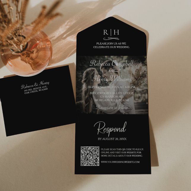 Black Wedding Photo | Monogram QR Code All In One Invitation (Save money and time. This all-in-one invitation includes a QR code for guests to easily RSVP online.)