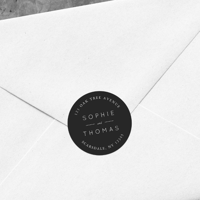 Black Wedding Return Address Classic Round Sticker (Creator Uploaded)