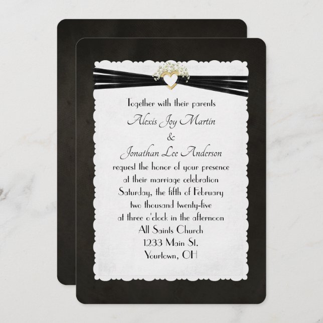 Black Wedding Ribbon in Gold Heart  Invitation (Front/Back)