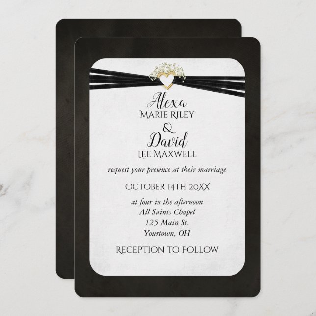 Black Wedding Ribbon in Gold Heart  Invitation (Front/Back)