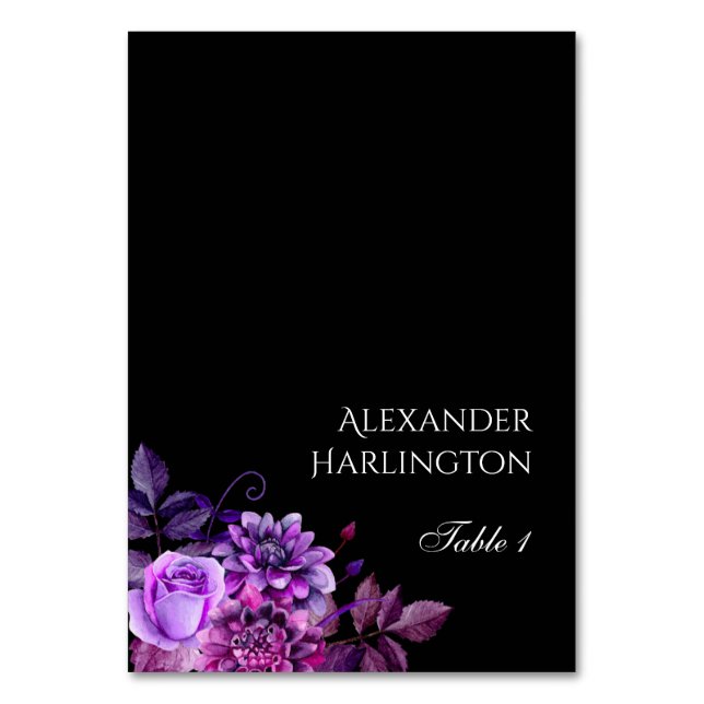Black wedding seating card. Purple place card (Front)