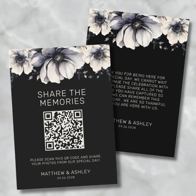 Black Wedding Share Photos QR Code Enclosure Card (QR Code Elegant Black Floral Wedding Share Photos Enclosure Card)