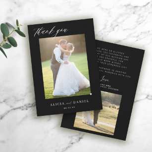 Black wedding simple 2 photo elegant script thank you card